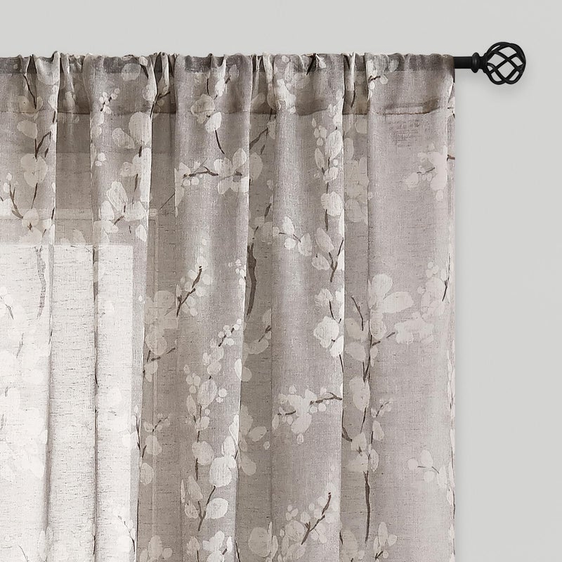 Fmfunctex Linen Sheer Curtains for Bedroom, Tan White Blossom Print Curtains 63 Inch Length for Living Room, Taupe Floral Patterned Farmhouse Curtain Light Filtering Window Drapes 2 Panels, Rod Pocket - Image 1
